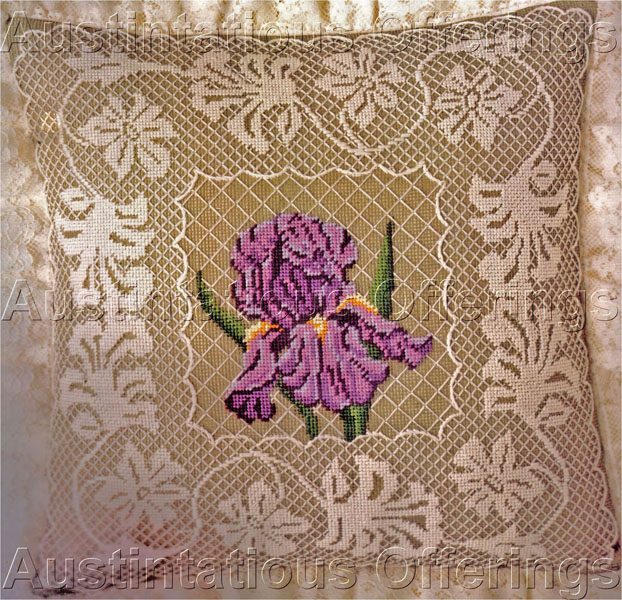Rare Iris Counted Needlepoint Pillow Kit Darning Lace Style