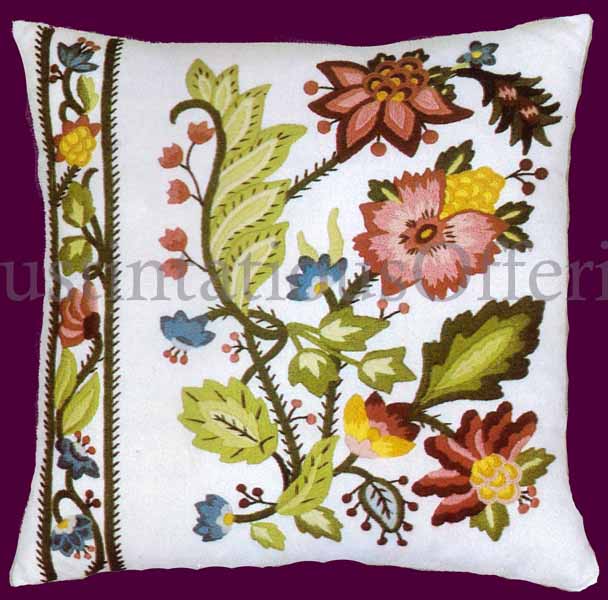 Rare Jacobean One Scrolling Floral Crewel Embroidery Pillow Kit