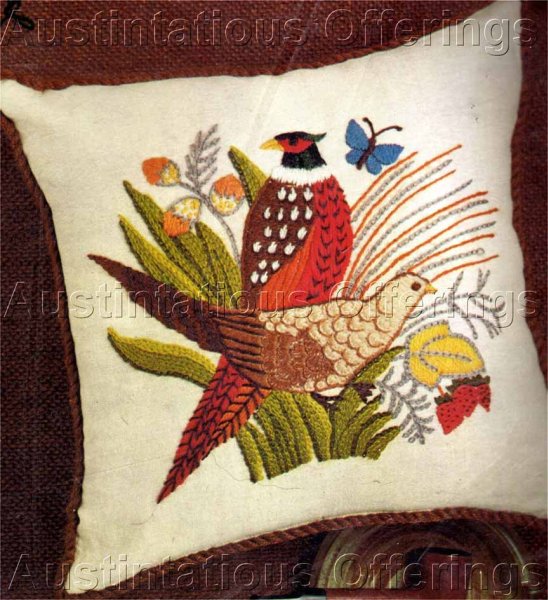 Classic Pheasant Pair Erica Wilson Linen Crewel Embroidery Kit