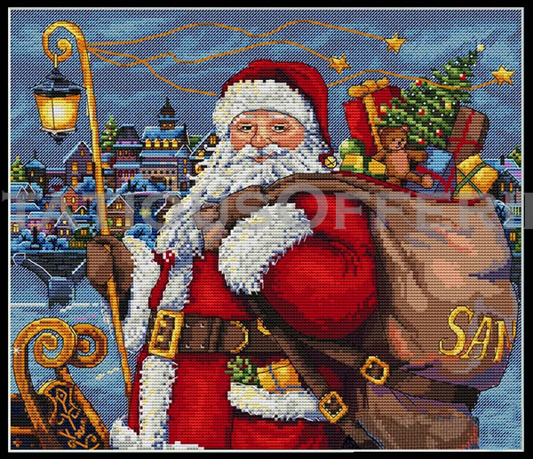 Santa on His Way Cross Stitch Kit Midnight Portrait Bag of Toys