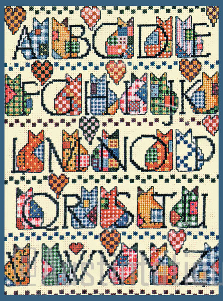 Rare Folkart Kitty Cat Quilt Alphabet Sampler Cross Stitch Kit