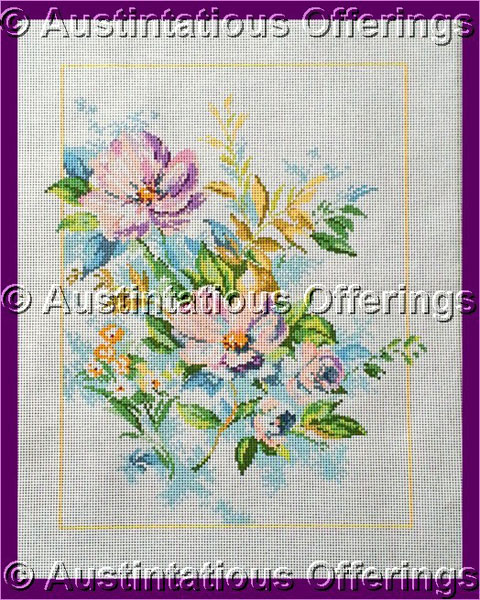 Rare Lanarte Floral Needlepoint Canvas Blue Lilac Spring Bouquet