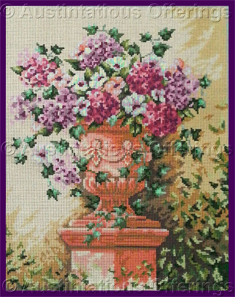 Rare Lanarte Floral Needlepoint Canvas Formal Urn Pedestal Vase