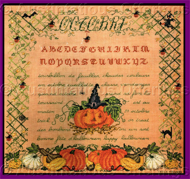 Vessiere Halloween Linen Sampler Cross Stitch Kit October ABCs