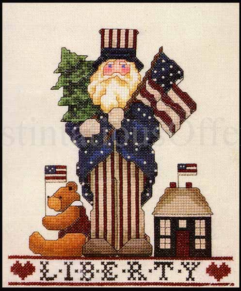 Rare Lynne Liberty Santa Claus CrossStitch Kit Patriotic FolkArt