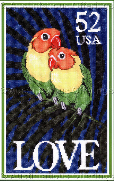 Rare Postal ArtRepro CrossStitch Kit Love Parrots Tropical Birds