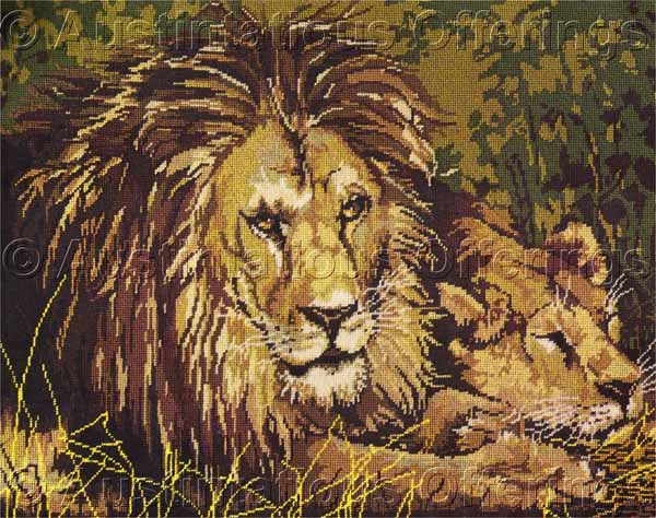 Rare Gibney Lion Pair Needlepoint Kit Resting Lions King Jungle