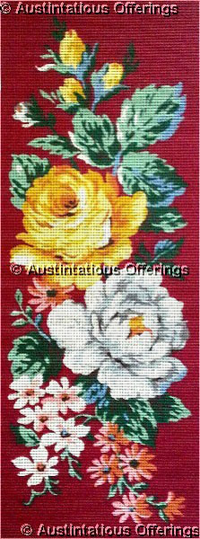 Floral Panel Needlepoint Canvas Yellow White Rose Blooms on Red