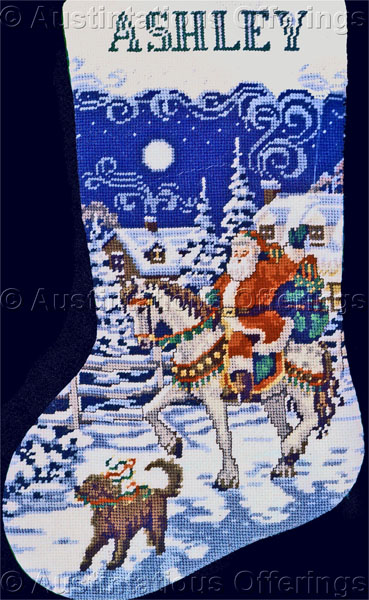 Rare Santas Midnight Horseback Ride Needlepoint Stocking Kit Liz