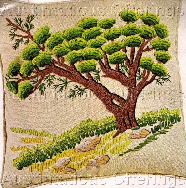 Rare Oriental Shrub Crewel Embroidery Pillow Kit Ming Tree