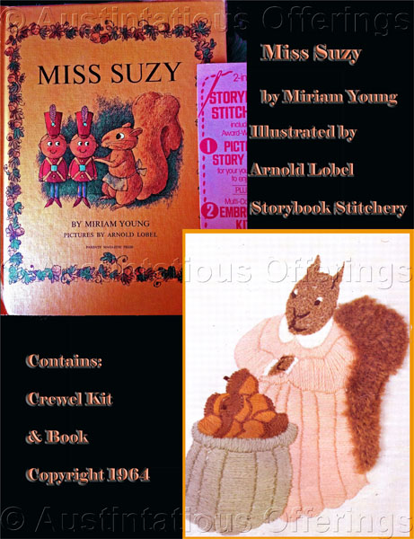Rare Miss Suzy Squirrel CrewelEmbroidery Kit w M Young 1964 Book