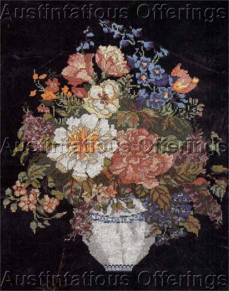 Dramatic Summer Peony Floral Vase Cross Stitch Kit Black Backgrd