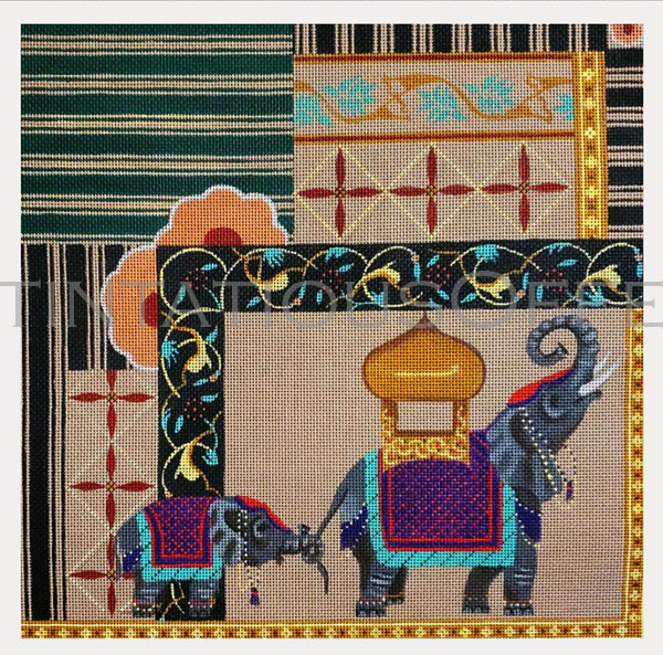 Handpainted Leigh Mogul Pleasures Opulent Elephants Needlepoint Canvas