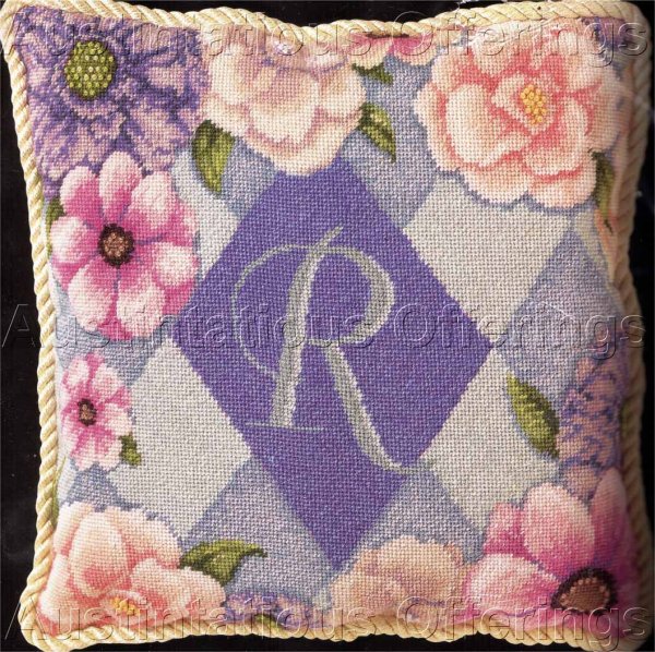 Rare Ackley Pastel Argyle Floral Needlepoint Pillow Kit Monogram