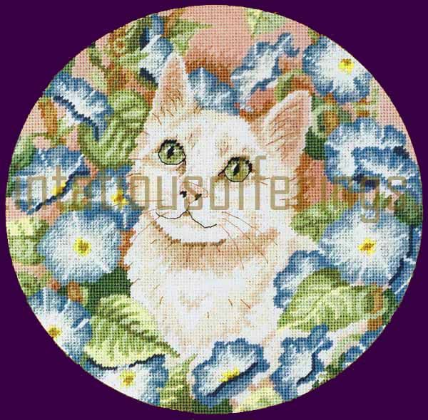 Rare J Rehfeld Morning Glory Garden Cat Needlepoint Kit