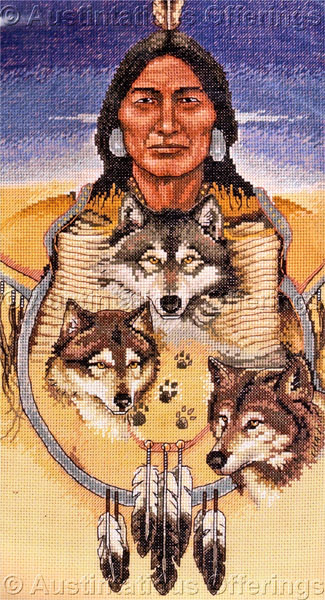 Rare Buchfink Native American SpiritTrio Wolves CrossStitch Kit