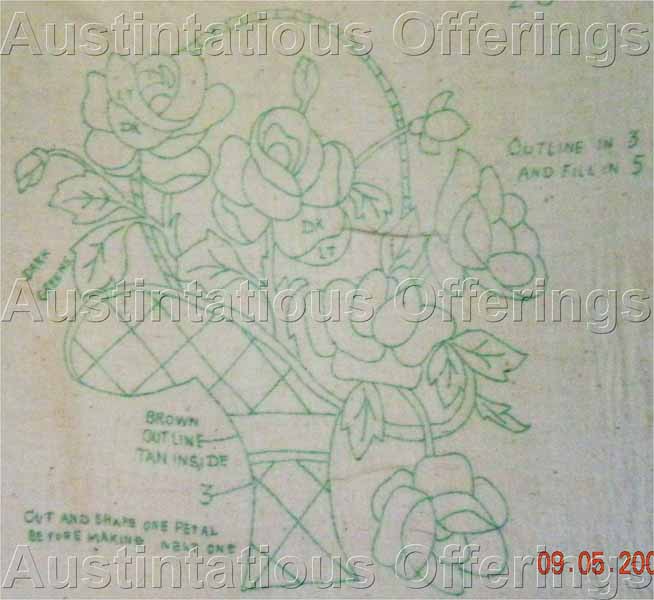 Vintage Punch Needle Stamped Fabric Embroidery Panel Flower Bask
