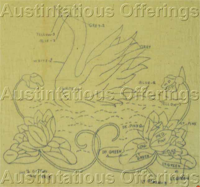 Vintage Punch Needle Stamped Fabric Embroidery Panel Swan Lilies