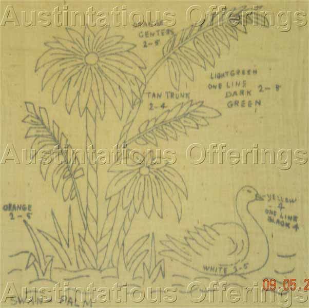 Vintage Punch Needle Stamped Fabric Embroidery Panel Palm Swan