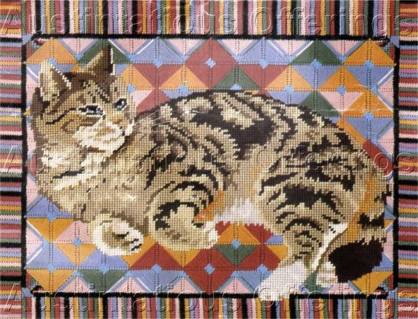 Rare Lesley Ann Ivory Needlepoint Kit Tiger Striped Cat On Quilt
