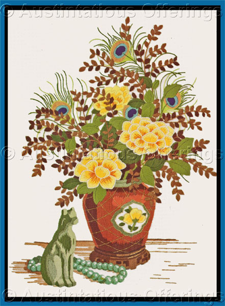 Rare Gerrish Oriental StillLife Floral CrewelEmbroidery Kit Jade