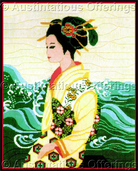 Rare Seaside Geisha Woman Needlepoint Kit Longstitch Grospoint