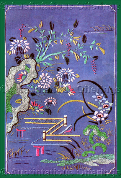 Rare Japanese Water Garden Crewel Embroidery Kit Oriental Panel
