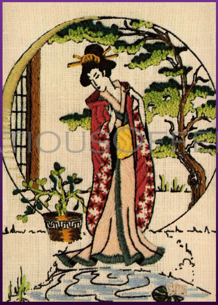 Rare Zitomer Asian Lady Reflection Pond Crewel Embroidery Kit