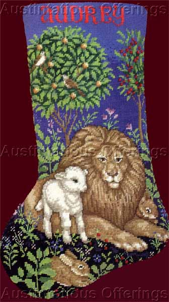 Rare Peaceable Kingdom Fraser Needlepoint Stocking Kit Lion Lamb