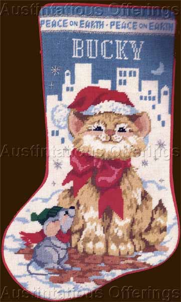 Rare Marchie Christmas Needlepoint Stocking Kit City Cat Mouse