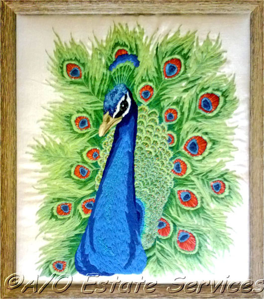 Williams Peacock Framed Crewel Embroidery Artwork Barbara Ann