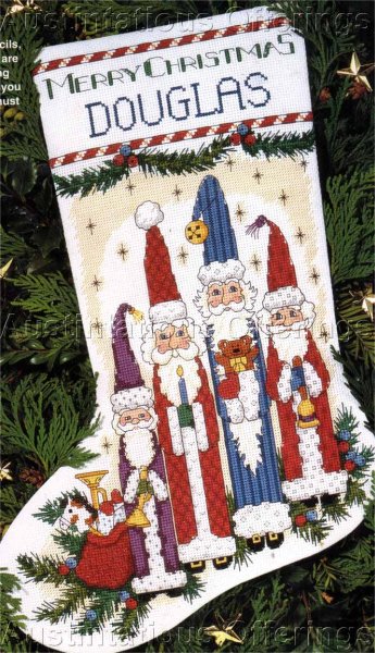 Rare Freeman Glass Folk Art Santas Cross Stitch Stocking Kit