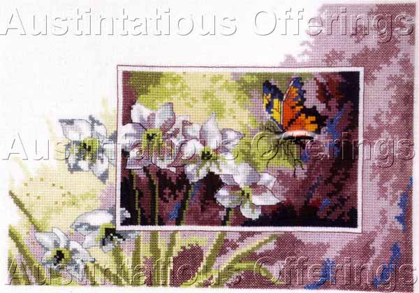 Butterfly on White Narcissus Cross Stitch Kit Floral Permin