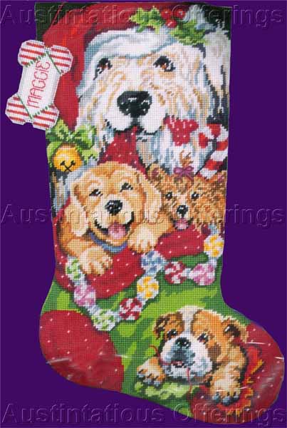 Rare Linda Gillum Puppy Dogs Needlepoint Christmas Stocking Kit