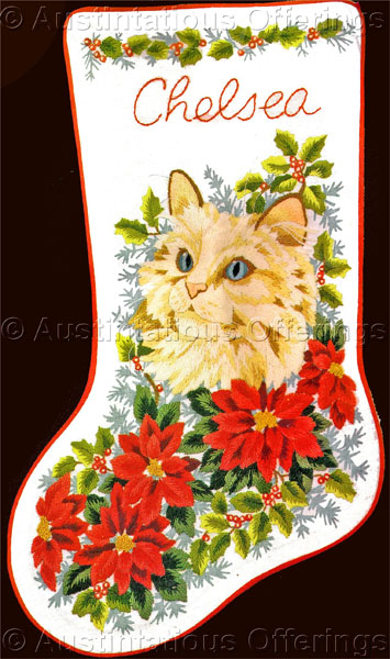 Marilee Carroll Cat Crewel Embroidery Stocking Christmas Kitty