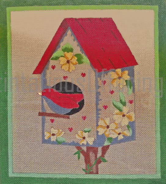 Rare BettieRay Needlepoint Canvas Redbird Heart Floral BirdHouse