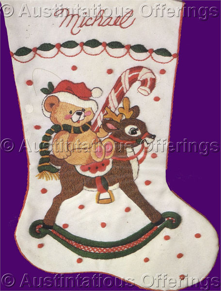 Rare Rocking Reindeer and Teddy Crewel Embroidery Stocking Kit