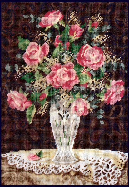 Rare Mitchel Formal Bouquet  Roses Crystal Vase Needlepoint Kit