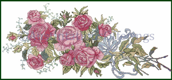 Rare Pink Rose Bouquet with Blue Ribbon Stamped CrossStitch Kit