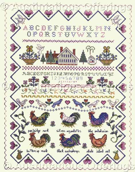 Rare LeClair Folk Art Roosters Cross Stitch Sampler Kit Saltbox