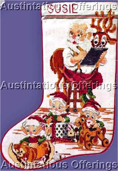 Santa Claus Workshop Cross Stitch Stocking Kit Elves Reindeer