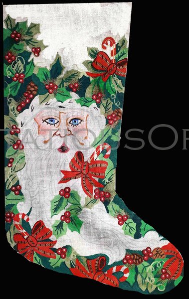 Rare Meredith Collection HandPainted Santa Holly Needlepoint Stocking Canvas