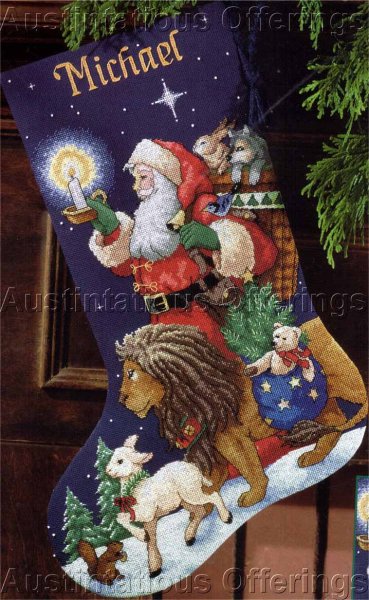 Lion Lamb Candle Lit Walk in Woods CrossStitch Stocking Kit Race