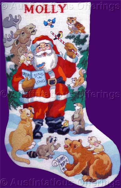 Rare Gillum Santa Crewel Embroidery Stocking Critters Sing Along