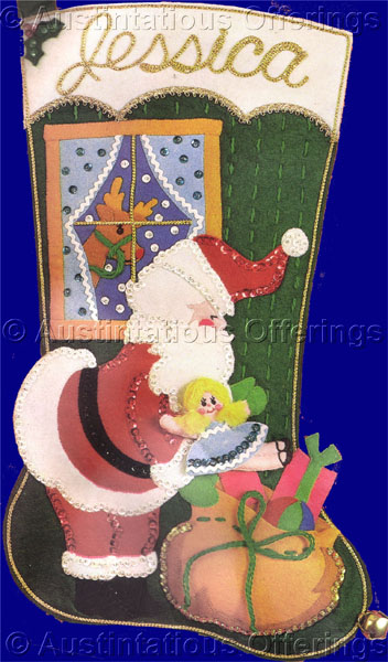 Vintage Felt Applique embroidery a Visit from Santa Stocking