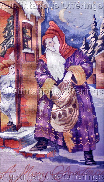 Rare Livingston VintagePostcard CrossStitch Kit Santa PurpleRobe