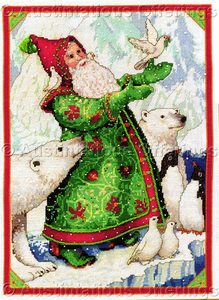 Rare Bywaters Green Folk Santa Gift Cross Stitch Kit Peace Dove