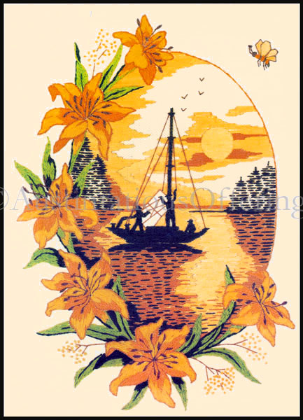Rare Veres Sunset Sailboat Crewel Embroidery Kit Lilies Bee