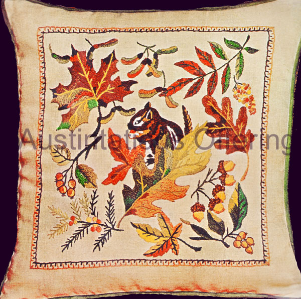 Rare Autumn Chipmunk Crewel Embroidery Kit Acorns Fall Leaves