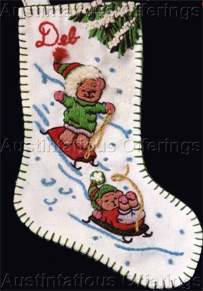 Rare Zellers Mini Crewel Embroidery Stocking Kit Bears on Sleds